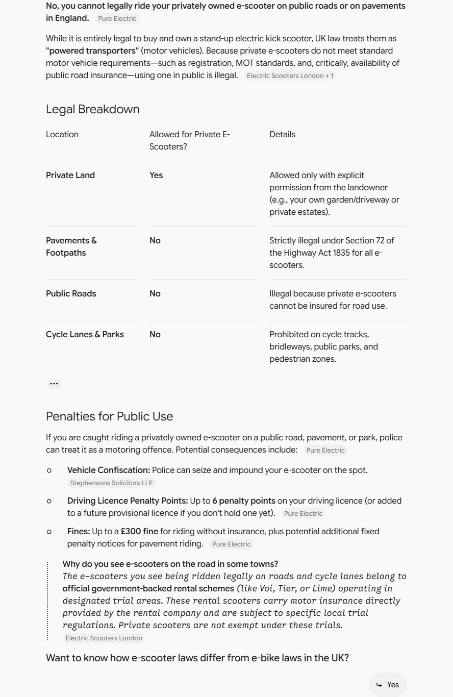Gemini's answer to question 2, try 1: No to both; table: private land yes with permission, pavements, roads, cycle lanes and parks no; legal rental scooters belong to trial schemes in designated areas.