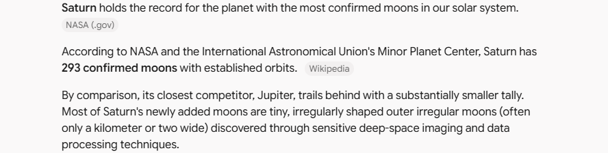Gemini's answer to question 5, try 1: Saturn, 293 confirmed moons with established orbits (NASA and the Minor Planet Center); Jupiter's tally not given.