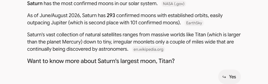 Gemini's answer to question 5, try 2: Saturn, 293 confirmed (as of June/August 2026); Jupiter second with 101; offers more on Titan.