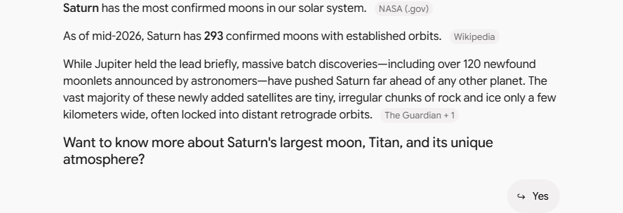 Gemini's answer to question 5, try 3: Saturn, 293 confirmed as of mid-2026; no Jupiter count; offers more on Titan.