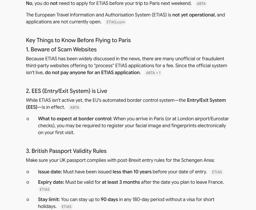 Gemini's answer to question 6, try 2: Said no, ETIAS is not yet operational; warned of scam sites; EES is live and may take a face image and fingerprints on a first visit; gave the passport rules.