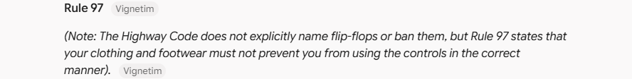Gemini's answer to question 7, try 1: Gives 'Rule 97', then a note that the Code does not explicitly name or ban flip-flops, with Rule 97 worded as 'must not'.