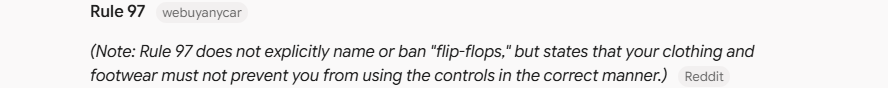 Gemini's answer to question 7, try 3: Gives 'Rule 97', then a note that Rule 97 does not explicitly name or ban flip-flops, with the rule worded as 'must not'.