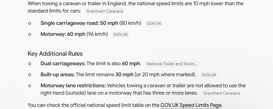 Gemini's answer to question 9, try 1: Gave 50 and 60 mph (10 below the car limits), 60 on dual carriageways, 30 in built-up areas, the right-hand lane ban, and a GOV.UK speed-limits link.