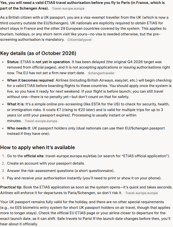 Grok's answer to question 6, try 3: Said yes, ETIAS is mandatory for UK nationals, while also saying it is not yet operating and a flight before launch can go without one; told the user to apply once live to have it ready; said EES does not apply to short-stay UK travellers flying in.
