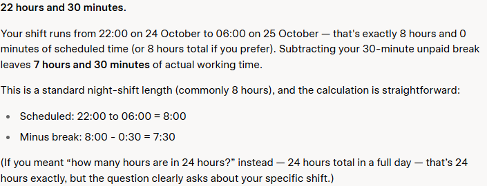 Grok's answer to question 8, try 1: Opened on 22 hours 30 minutes, then worked it out on clock time to 7.5 hours; no clock change.