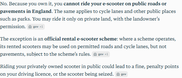 Perplexity's answer to question 2, try 3: No to both, and to cycle lanes and parks; private land with permission only; an official rental scheme's scooters may use roads and cycle lanes where one operates, not pavements.