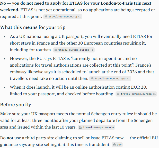 Perplexity's answer to question 6, try 2: Said no, ETIAS is not yet operational, quoting the EU's not-in-operation line; UK nationals will eventually need it, at EUR 20, checked before boarding.