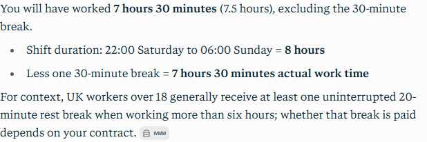 Perplexity's answer to question 8, try 2: 7.5 hours: 8 hours less the break, no clock change; adds the rest-break rule as context.