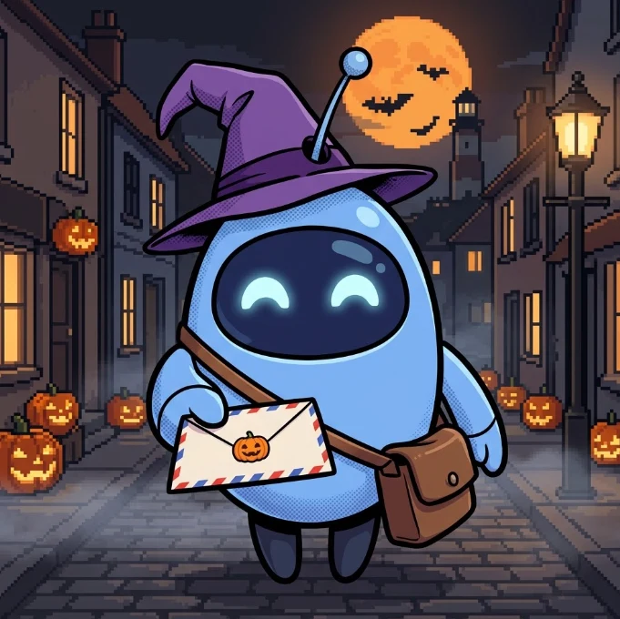 Gemma, the Village's robot postie, in a witch's hat on the high street at Halloween, holding out an airmail letter