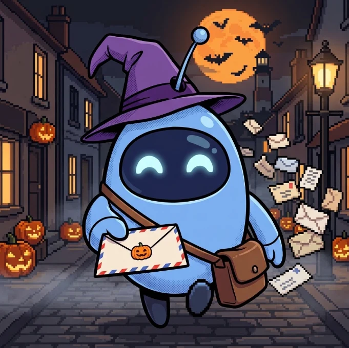 Gemma, the Village's robot postie, in a witch's hat on the high street at Halloween, letters flying behind it