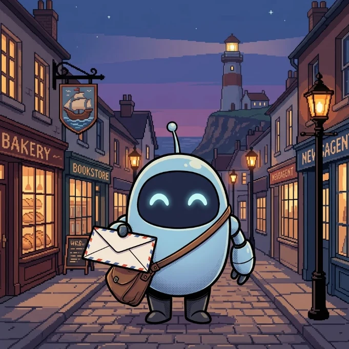 Gemma, the Village's robot postie, on the high street at night, holding out an airmail letter