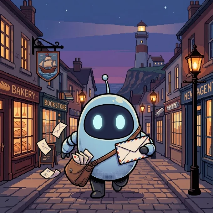 Gemma, the Village's robot postie, running down the high street at night with an airmail letter