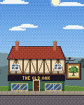 GLM-4.7 Flash, a pink robot, stands outside The Old Oak under a screen reading You have no bookings.